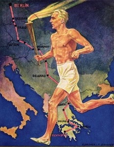 CHT192967 Torch Bearer at the Berlin Olympic Games, 1936 (colour litho);German School, (20th century);colour lithograph;441 X 600;Private Collection;(add. info.:transport de la flamme olympique;);Archives Charmet;Undetermined